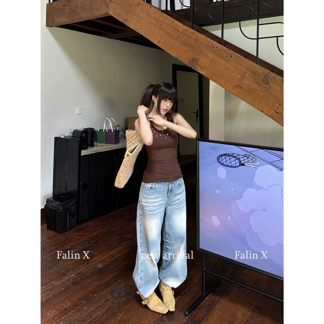 Falin X 水洗宽松低腰牛仔裤女夏季薄款直筒阔腿长裤子 F0285K