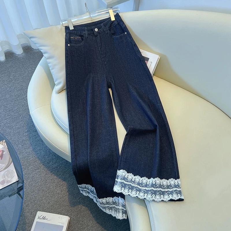 深蓝色牛仔裤女2025春夏新款宽松百搭直筒裤设计感蕾丝花边阔腿裤