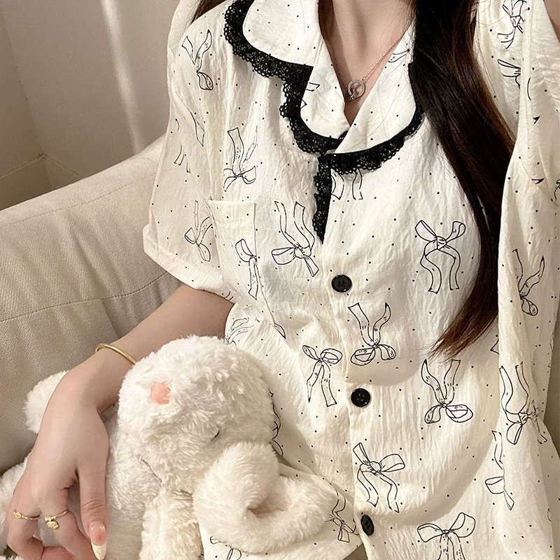 韩系黑边蝴蝶结睡衣少女夏季泡泡棉短袖日系ins可爱学生三件套装