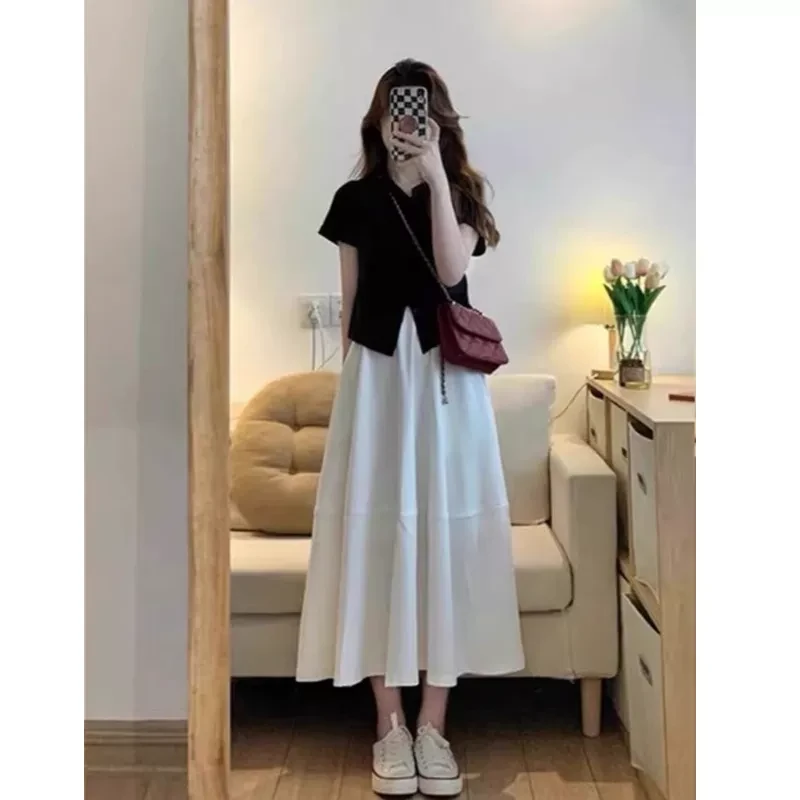 夏装女2025新款茶系穿搭一整套微胖MM显瘦高级感连衣裙子两件套装