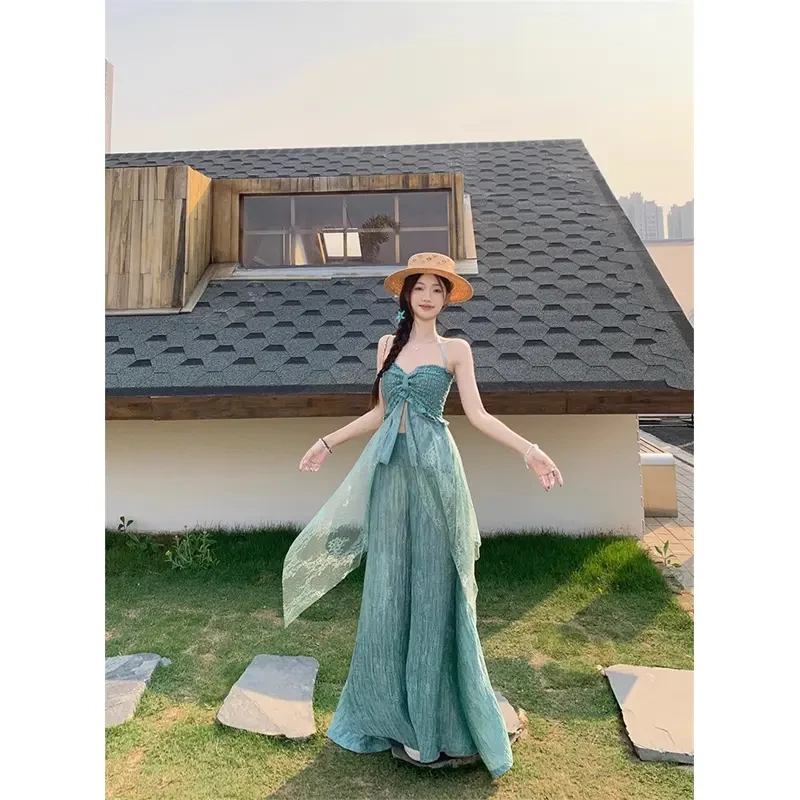 小众女装多巴胺早春甜美露肩挂脖抹胸上衣女垂坠感宽松阔腿裤套装