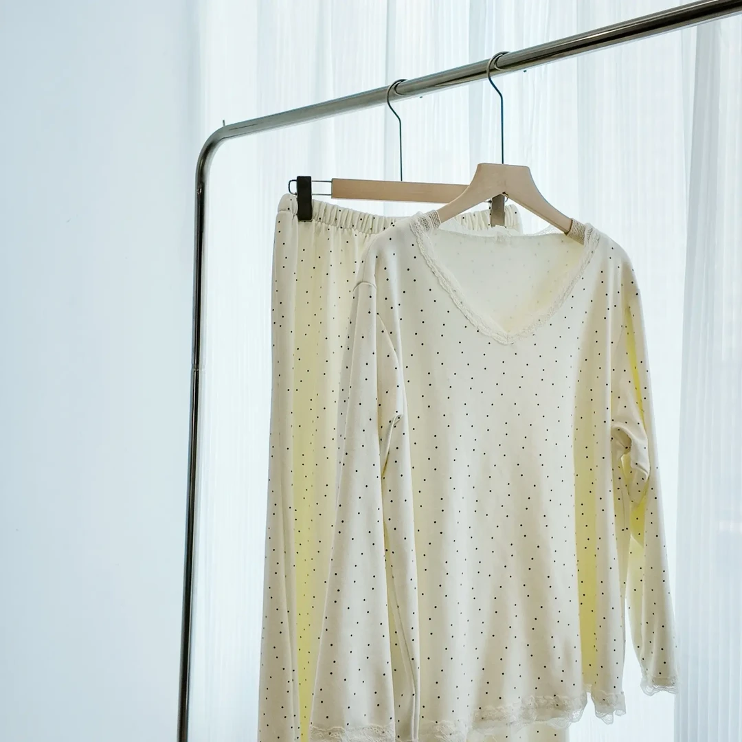 秋冬季女士德绒波点薄纱长袖睡衣套装家居服甜美可外穿