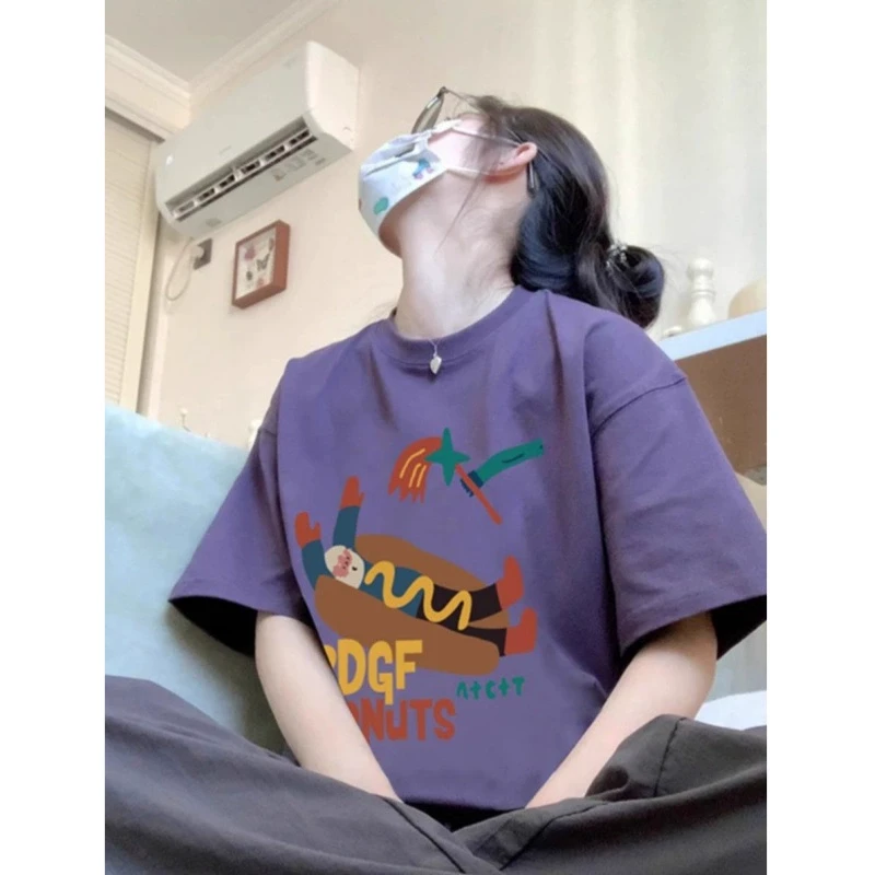 2025夏季美式复古紫色短袖t恤女宽松新款宽松设计感小众重磅上衣
