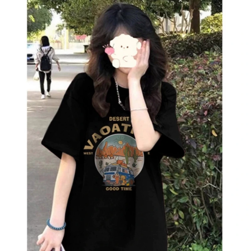 商场专柜黑色纯棉短袖t恤女夏季2025新款韩版宽松中长款百搭上衣