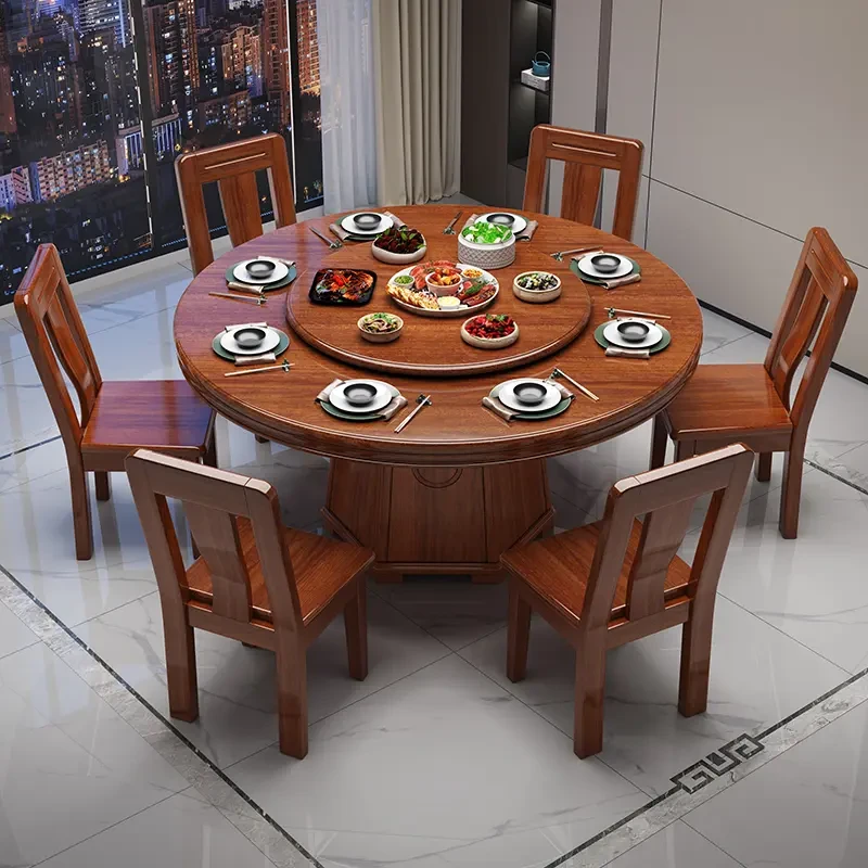 胡桃木实木餐桌带转盘新中式圆桌吃饭桌子家用全实木餐桌椅组合
