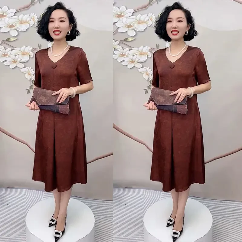 H夏季新款新中式国风时尚中老年妈妈大码连衣裙短袖遮肚子旗袍裙