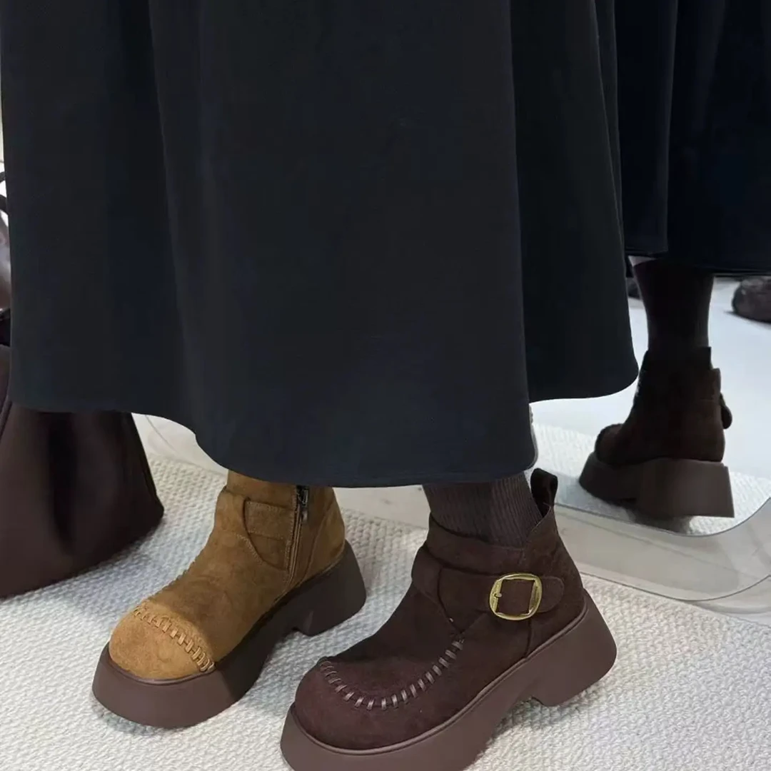 秋冬拼色中跟女系带磨砂皮马丁靴平底厚底圆头瘦瘦靴