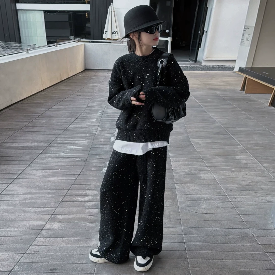 女童春秋装亮闪闪套装2025新款儿童长袖阔腿裤韩范慵懒风两件套