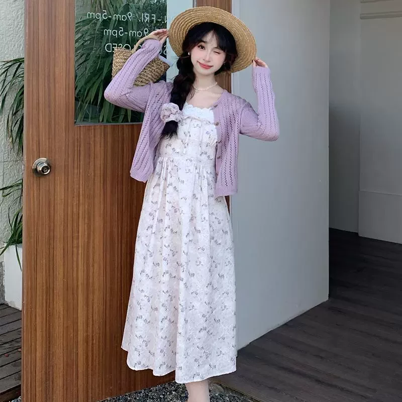 慕兔温柔风碎花裙女2025春季新款针织防晒开衫吊带连衣裙两件套装