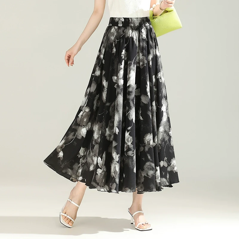 松紧腰复古印花半身裙春夏女2025新款垂感a字裙显瘦飘逸大摆长裙