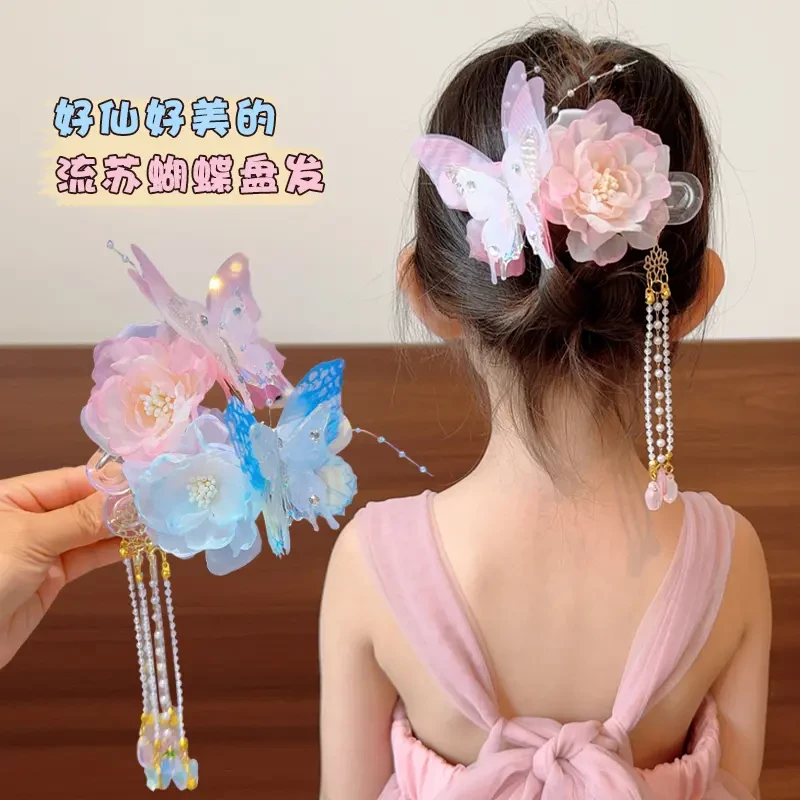 女童蝴蝶花朵盘发2025新款儿童丸子头盘发神器甜美发夹女头饰
