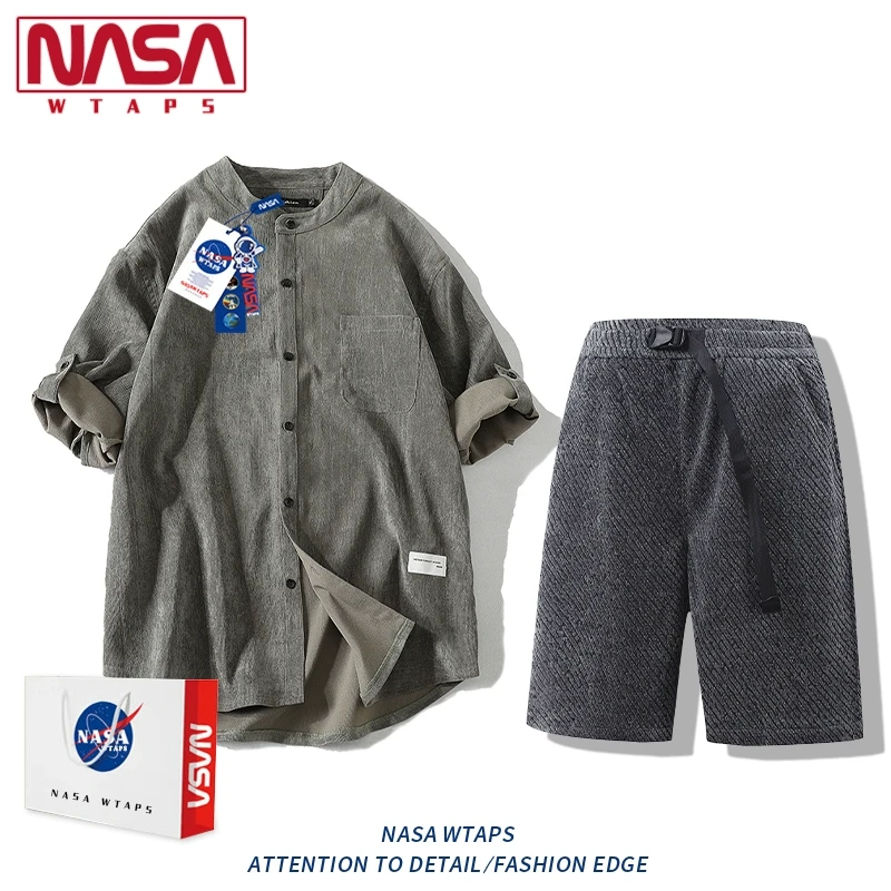 NASA WTAPS新中式男装无领衬衫男士夏季新款休闲衬衣短裤两件套潮