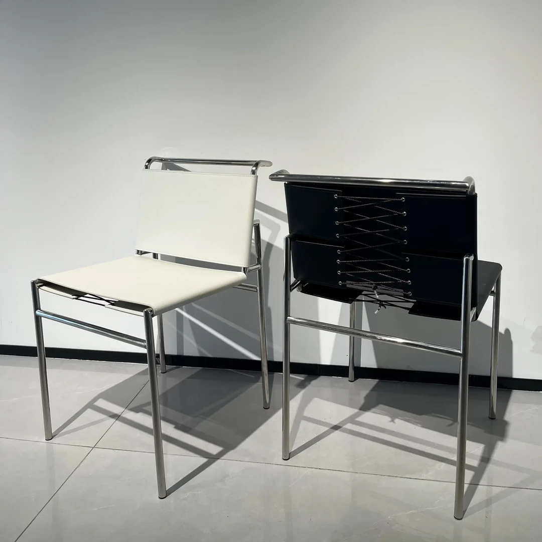 意式极简马鞍皮餐椅不锈钢椅子北欧设计师轻奢餐厅家用罗克布伦椅