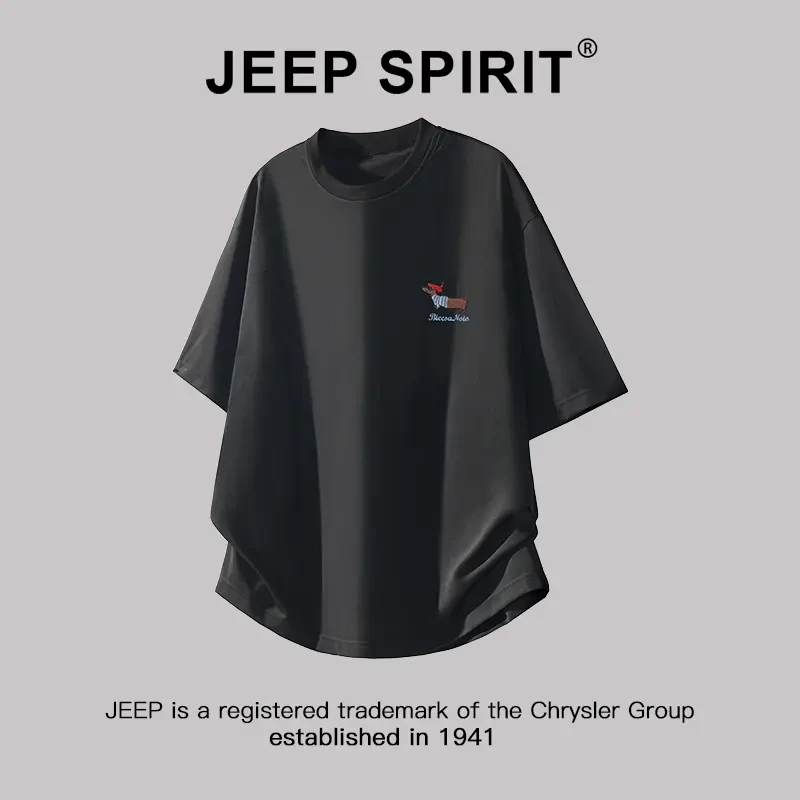 JEEPSPIRIT吉普腊肠狗刺绣短袖T恤男士夏季新款宽松圆领情侣半袖