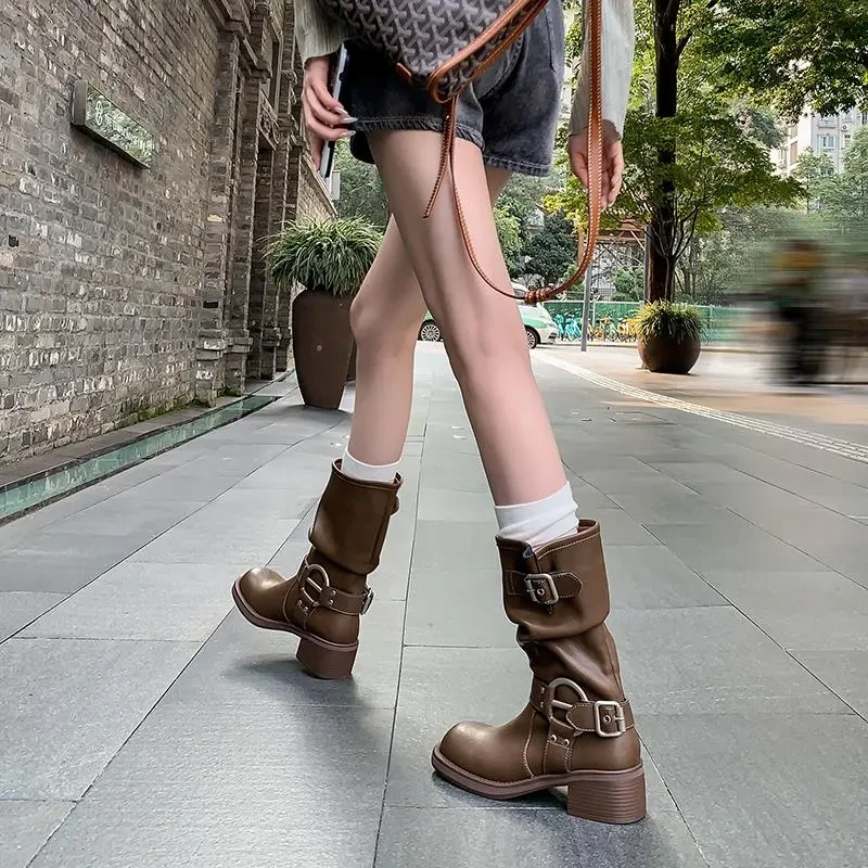 真软皮欧美西部牛仔靴皮带扣堆堆靴中筒靴女骑士靴子马丁靴女靴子