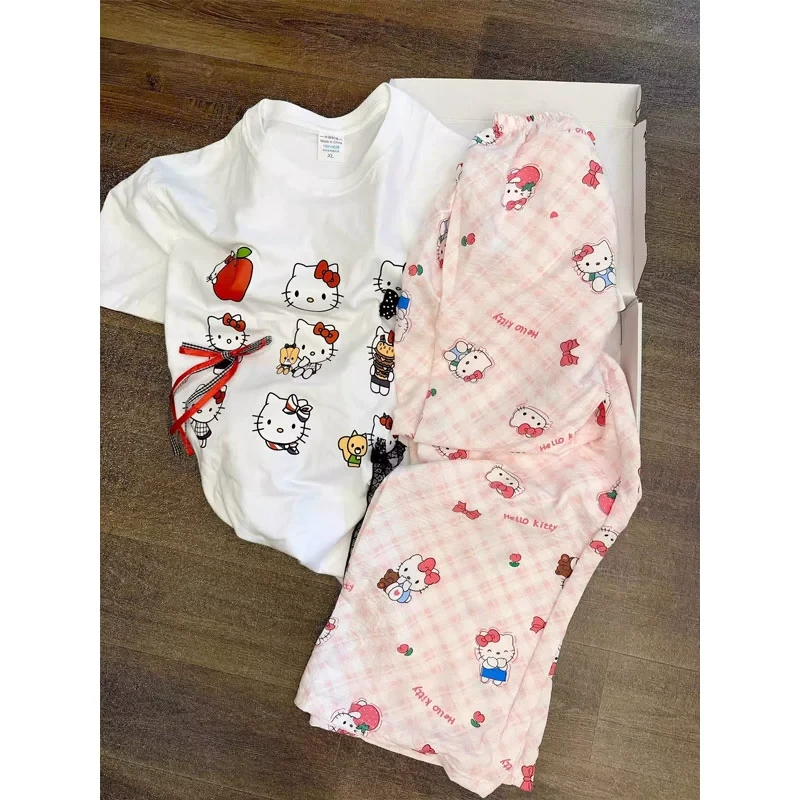 可爱卡通凯蒂猫睡衣女夏季2025新款印花短袖长裤家居服套装可外穿