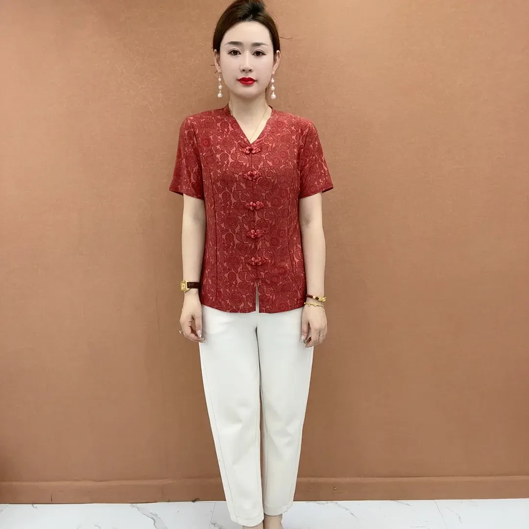 妈妈装复古盘扣夏季短袖时尚减龄国风宽松洋气显瘦