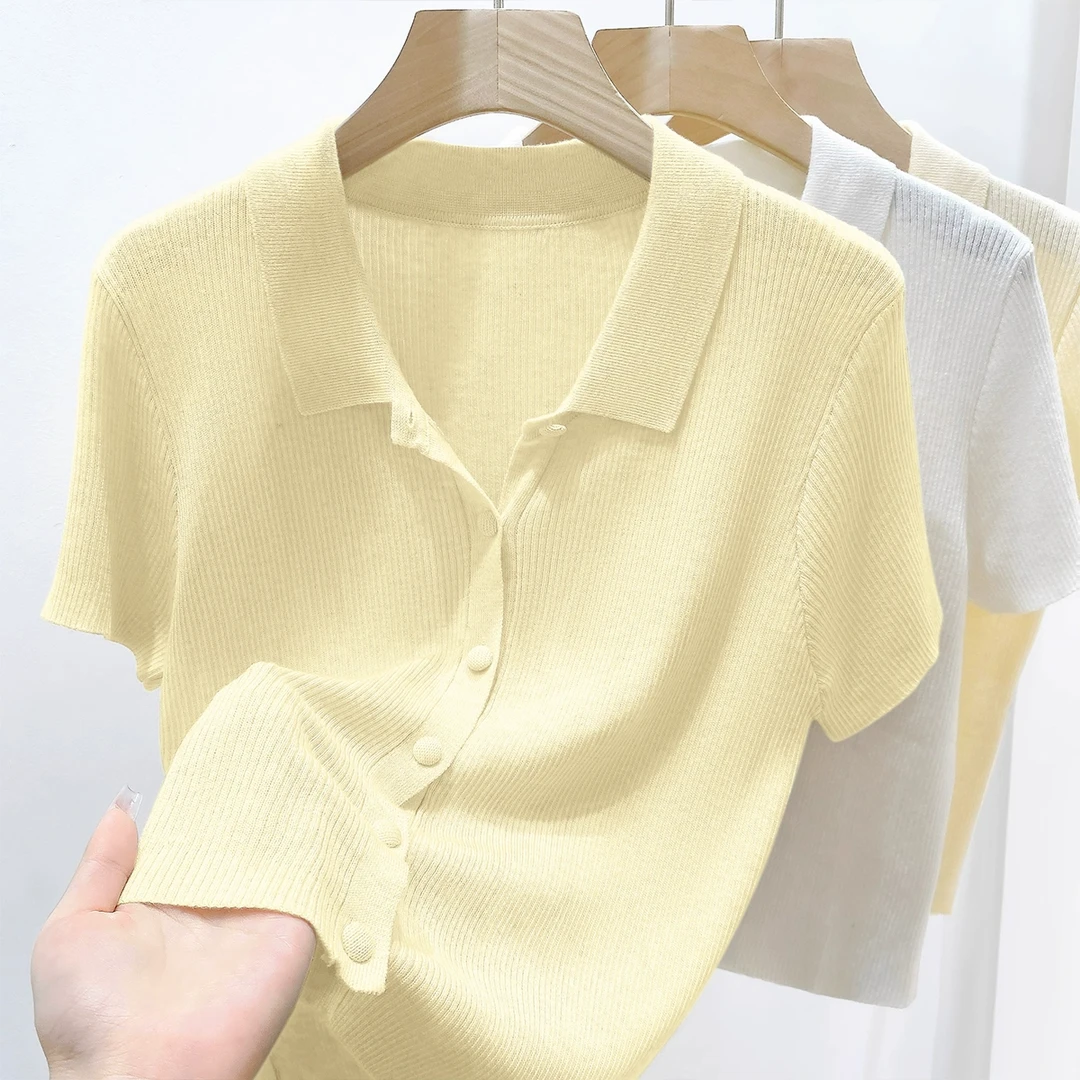 2025年夏季新款短袖T恤上衣夏季薄款POLO领纯色宽松针织开衫女装