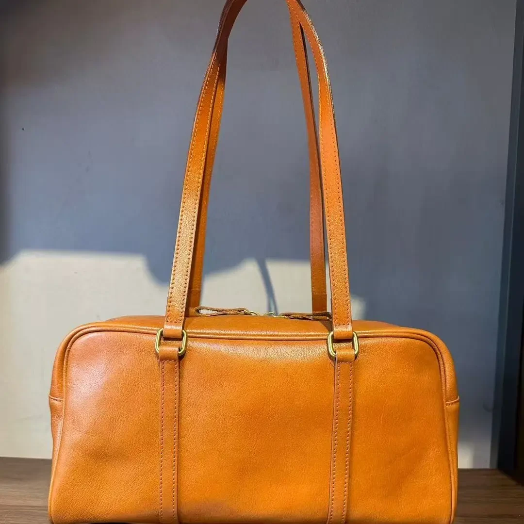 植鞣单肩款简约风拉链腋下包欧美复古复古风车缝线轻奢休闲托特包