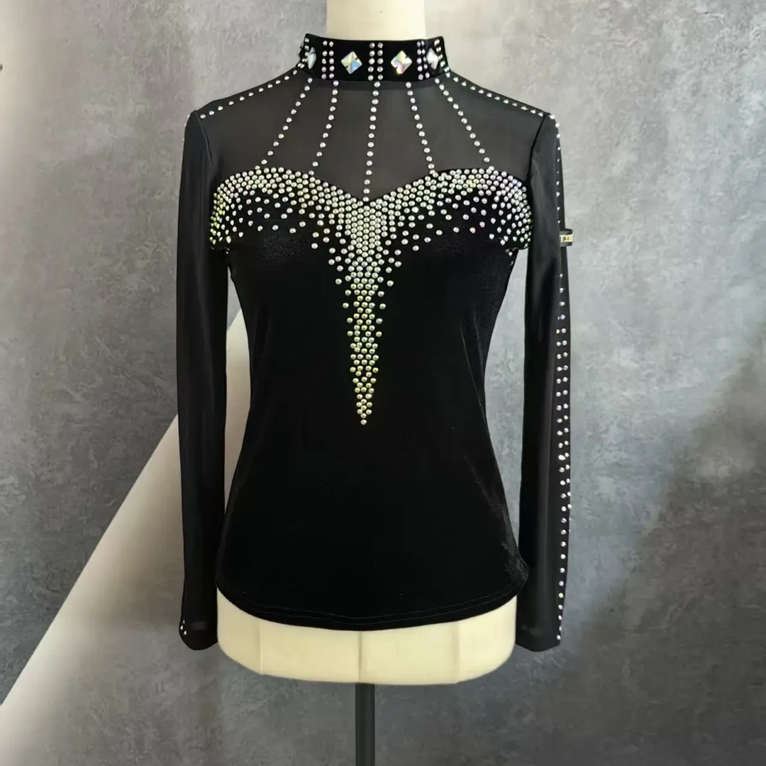 【浩婷雪娟】高领重工镶钻网纱拼接丝绒后飘带长袖舞服