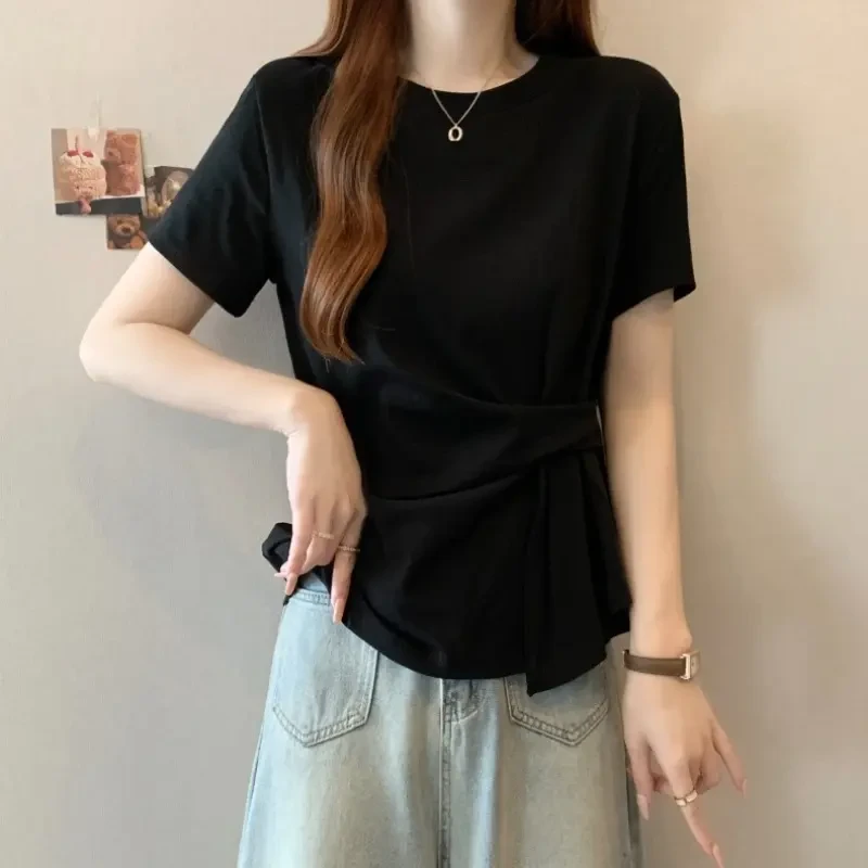 褶皱设计感正肩短袖t恤女夏季新款洋气收腰宽松半袖遮肉上衣体恤