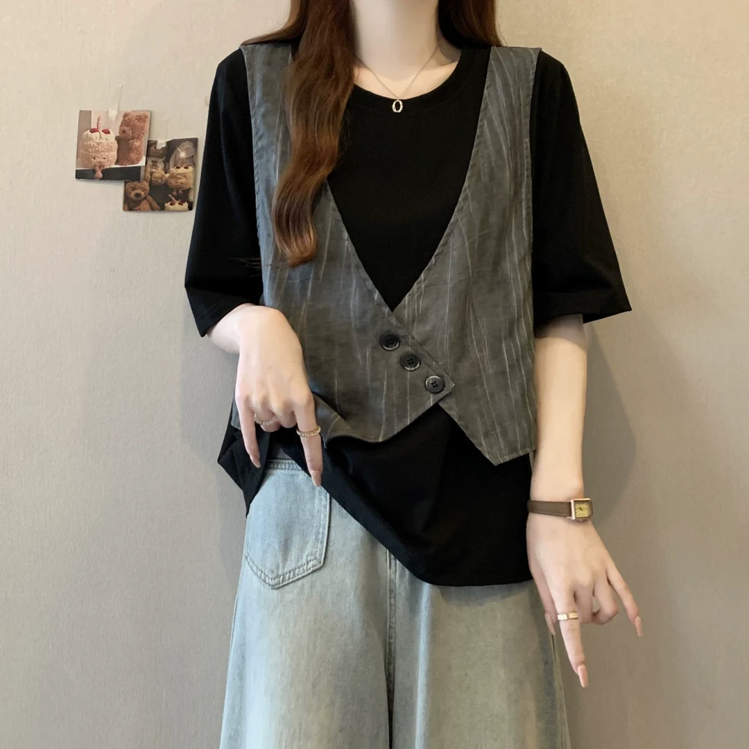 大码女装设计感假两件短袖T恤女夏季胖mm显瘦不规则正肩拼接上衣