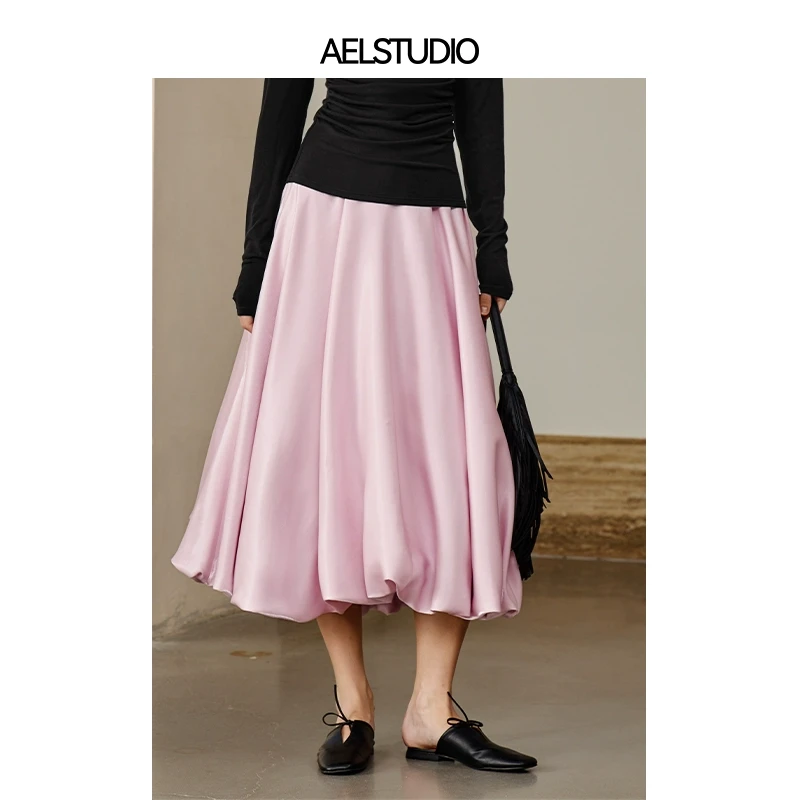 AEL流光缎面高腰a字半身裙女春夏法式气质花苞裙小众显瘦大摆裙