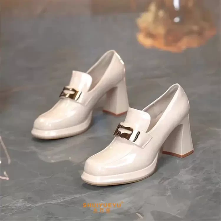 厚底粗跟防水台单鞋高跟鞋女2025年春季新款金属扣百搭方头乐福鞋