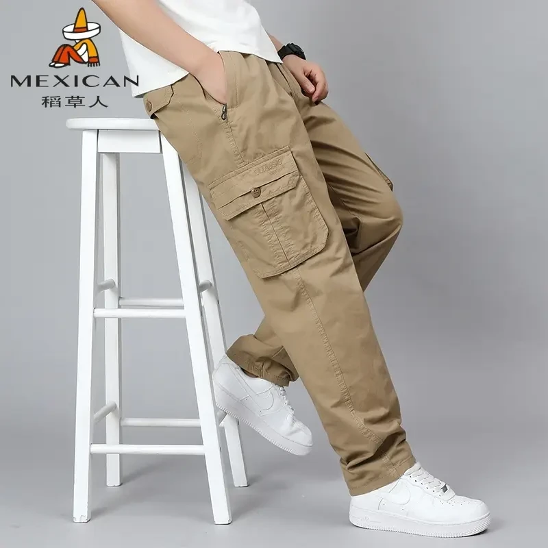 稻草人春秋季男士纯棉长裤多口袋宽松百搭休闲裤大码松紧腰工装裤