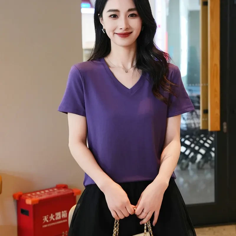 新款夏季V领短袖T恤女士宽松显瘦纯色百搭气质休闲上衣