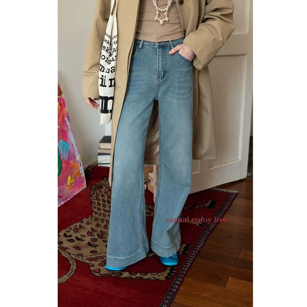 EGGKA “巴黎街头”复古高腰显瘦微喇裤百搭显瘦牛仔裤E24B1130AF