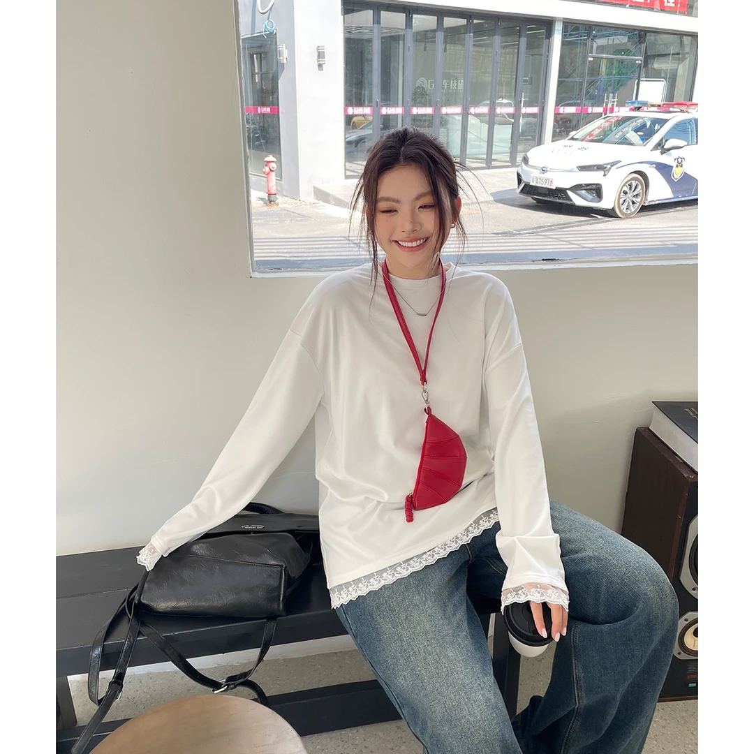 韩版胖妹妹大码女装白色蕾丝设计长袖打底t恤圆领显瘦宽松上衣