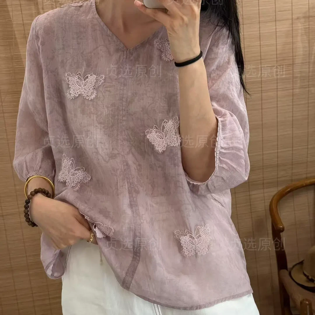 50667-夏季圆领刺绣苎麻民族风斜襟宽松文艺手工盘扣衬衫
