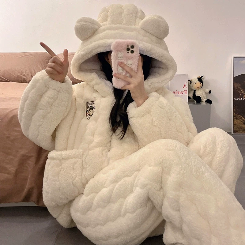 奥美诗嘉睡衣女三层夹棉秋冬季2025新款珊瑚绒加厚加绒家居服套装