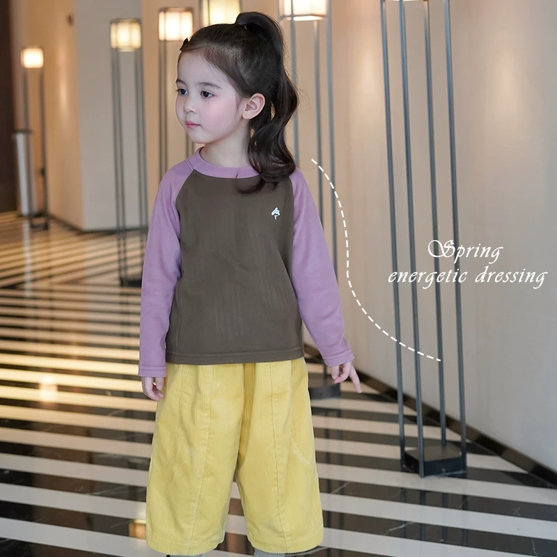 AnnieGirl儿童b备打底衫插肩长袖韩版显白女童拼色刺绣休闲T恤潮