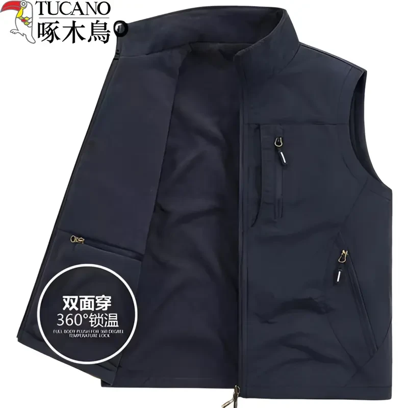 啄木鸟双面穿保暖马甲秋冬立领加绒加厚背心无袖外套多口袋坎肩男