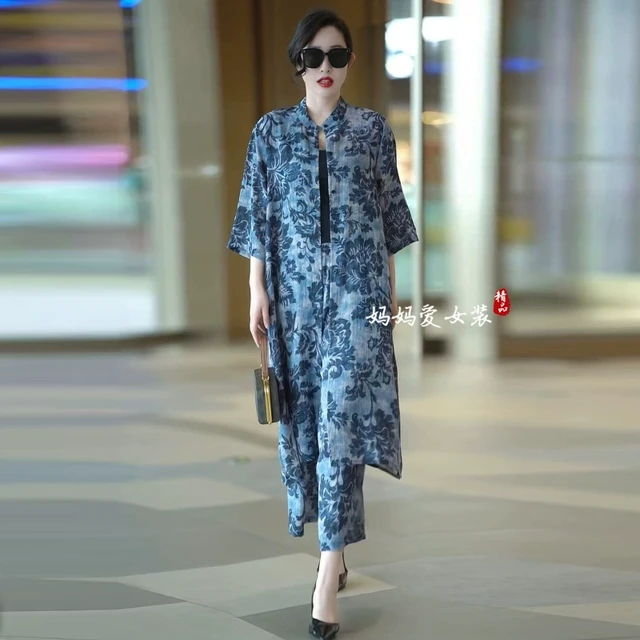 气质妈妈真丝套装2025春夏显瘦宽松加肥加大码阔腿裤青花瓷两件套
