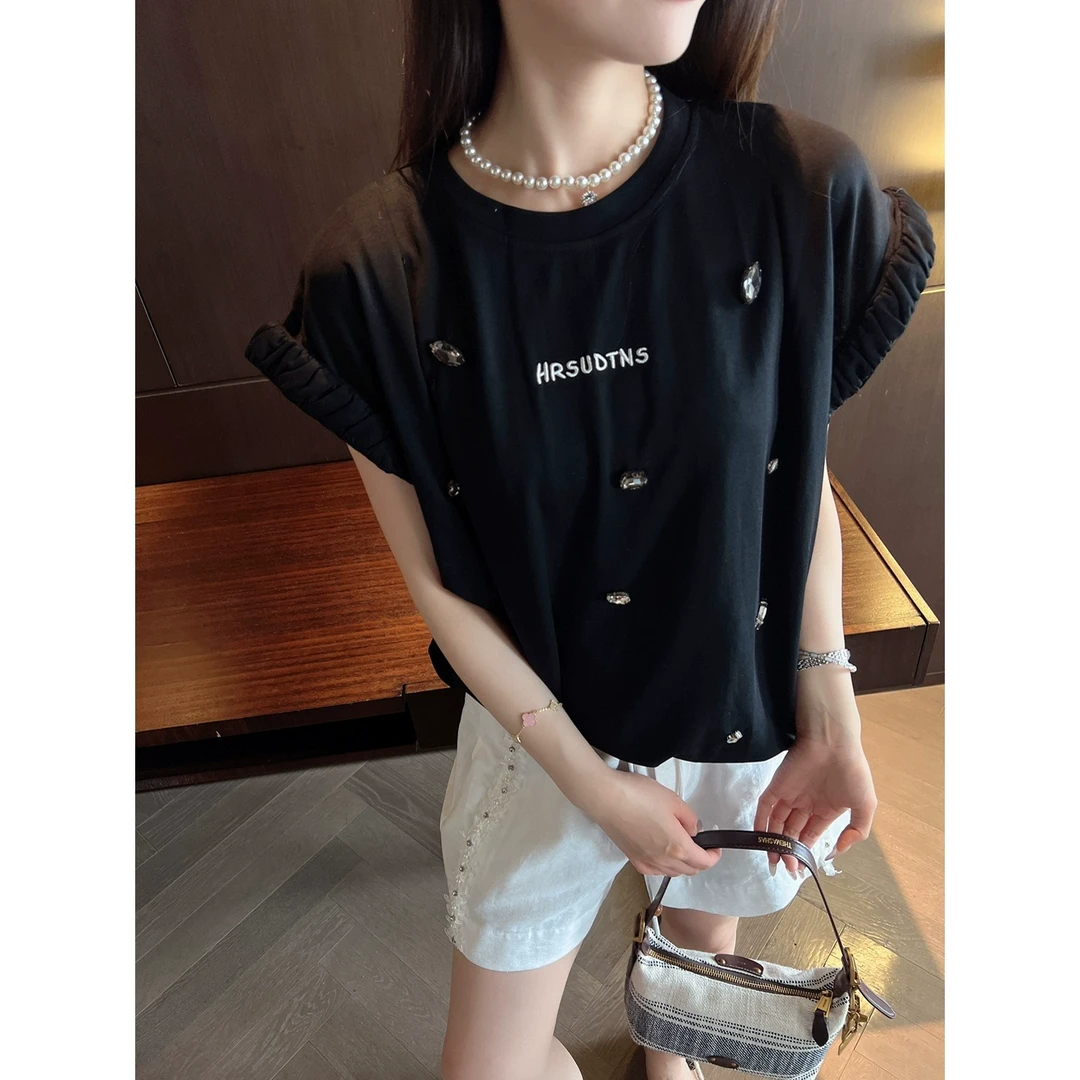 2025夏季新款高端欧货重工钉珠字母刺绣木耳边短袖宽松T恤