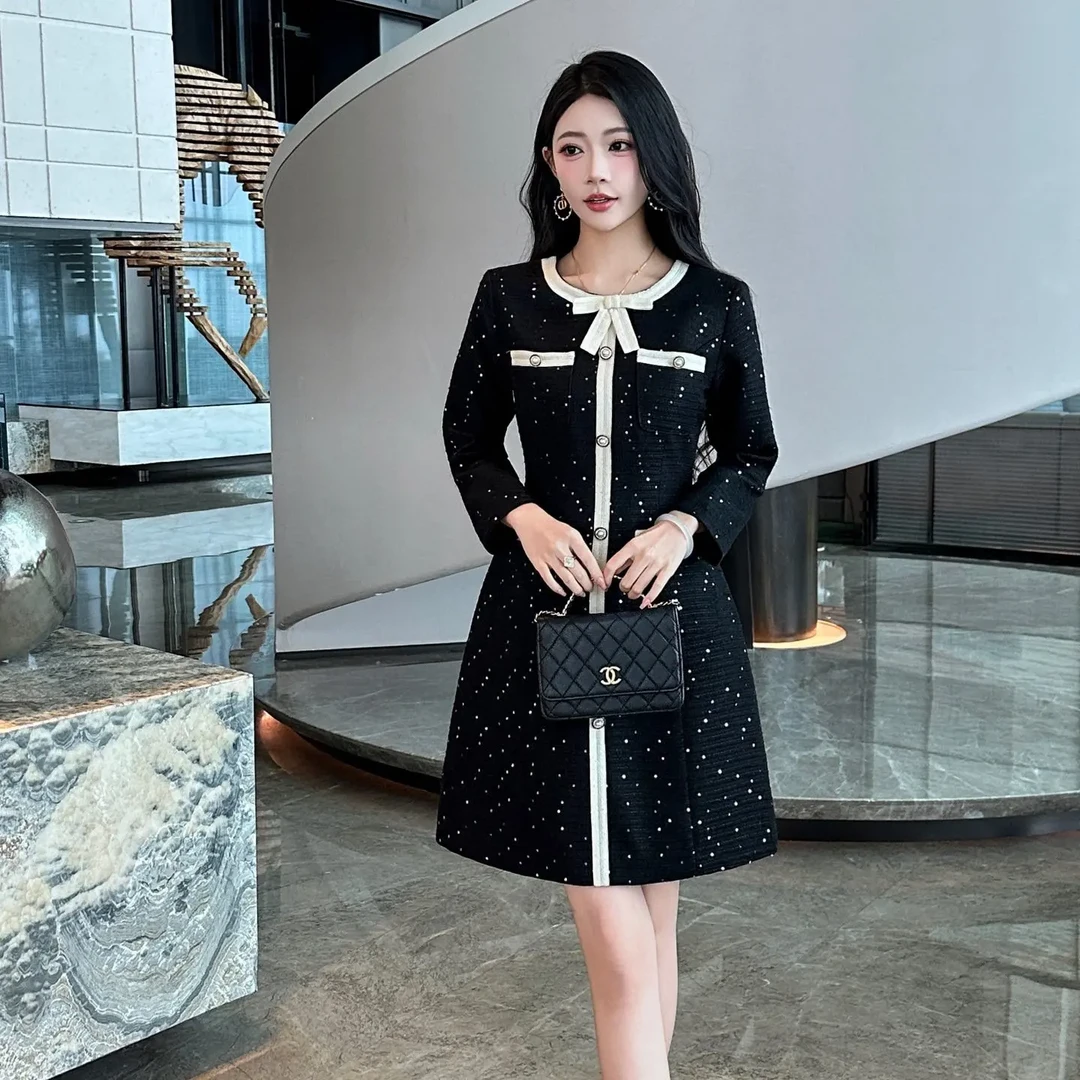 秋冬新款显瘦撞色亮片粗花呢小香风气质长款连衣裙裙子096