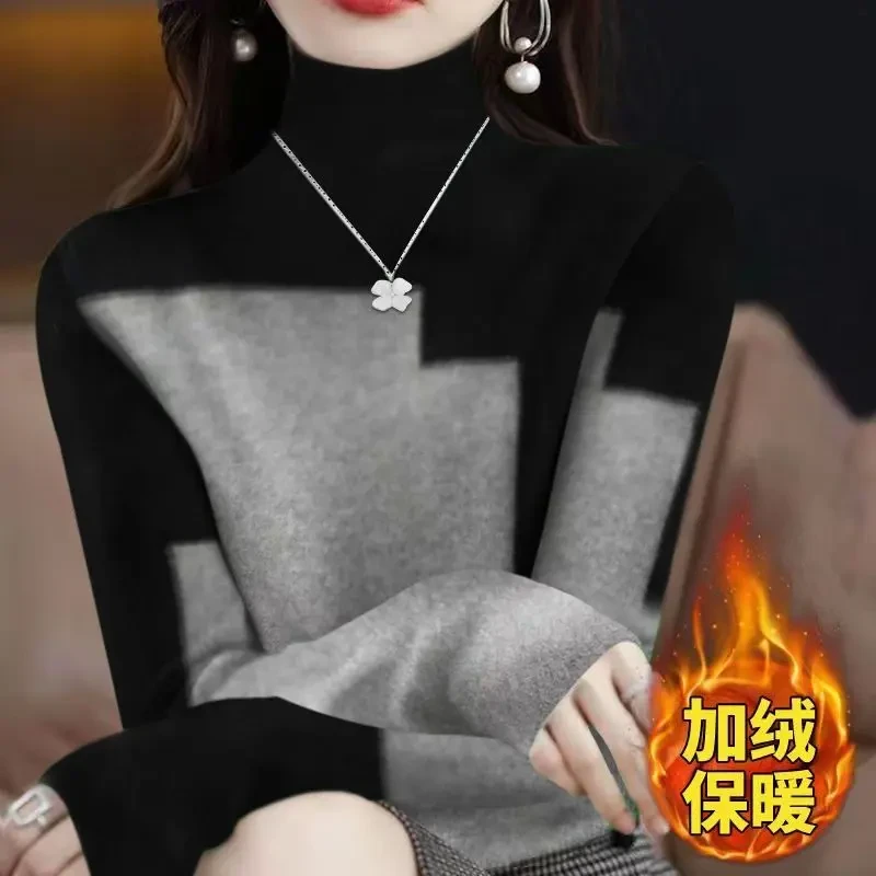 德绒加绒高领打底衫女2025秋冬时尚印花韩版显瘦百搭长袖t恤