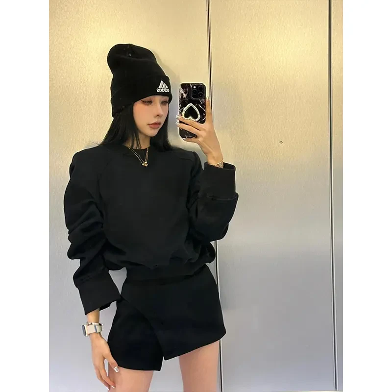 早秋小个子简约时尚两件套穿搭修身显瘦长袖上衣高腰包臀半身裙女