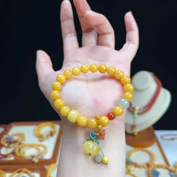 天然原矿鸡油黄满蜜满蜡蜜蜡单圈手链