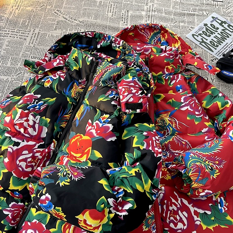 网红款小众加厚大码棉衣男女中国风牡丹花棉服高级感东北大花棉袄