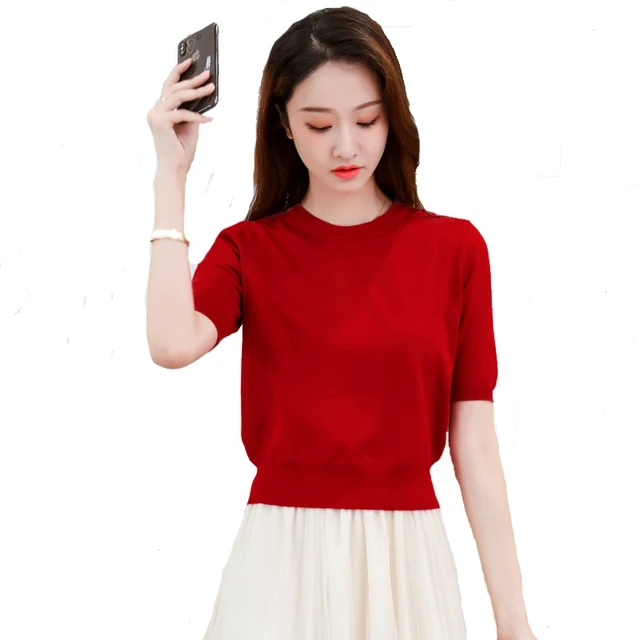 短袖t恤女2025新款夏季冰丝针织衫 高腰小个子短款配半身裙的上衣