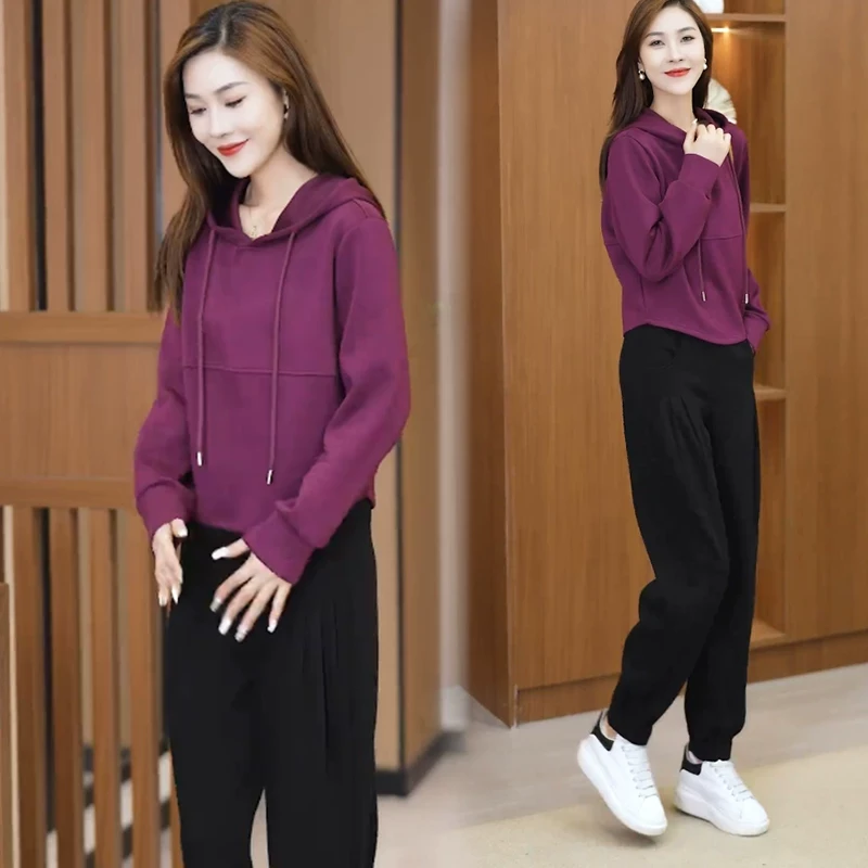 【时岛】时尚休闲套装女春季新款时髦减龄宽松连帽卫衣运动裤两件