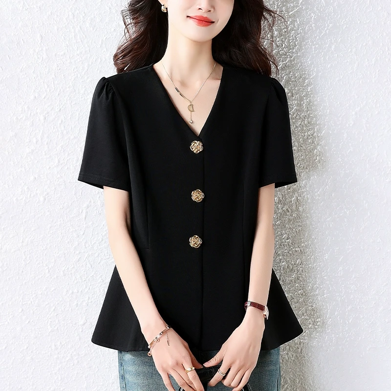 黑色时尚洋气V领短袖t恤女2025夏季新款减龄收腰显瘦气质小衫上衣