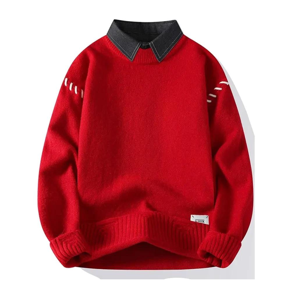 青少年假两件毛衣男冬季红色内搭打底衫男士针织衫加厚保暖毛线衣