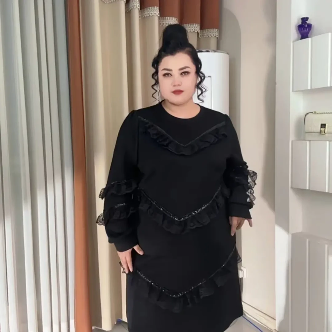 秋冬新款荷叶边拼接长袖收腰显瘦气质连衣裙