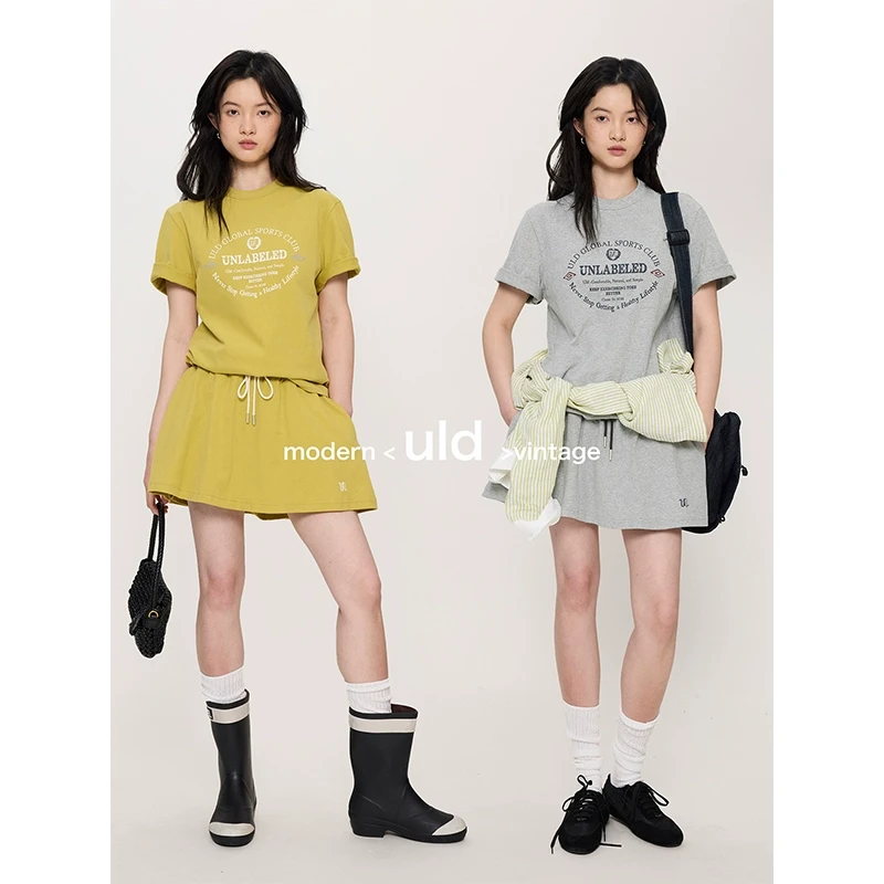 ULD/sporty夏日纸感280g双纱水洗新疆棉a字中古运动风半裙T恤套装