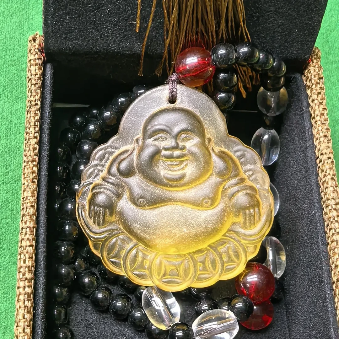 琉璃吊坠 黄琉璃黑珠链金钱佛
